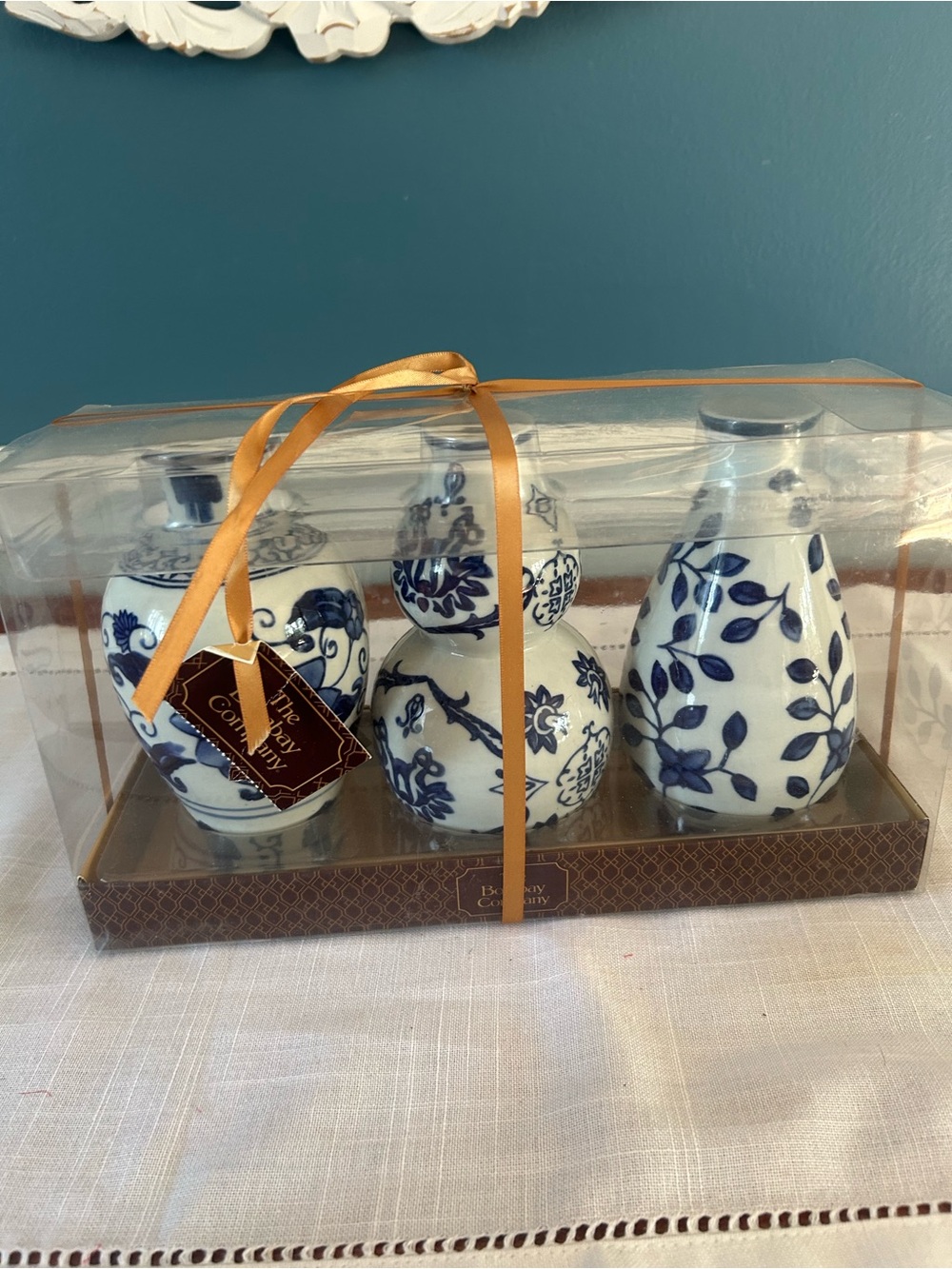 NEW The Bombay Company Blue & White Ceramic Gourd Vases Set - Home Accents